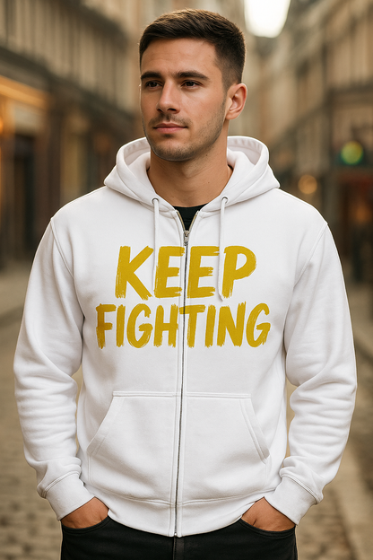 Keep Fighting Zip Up Unisex Cotton Hoodie