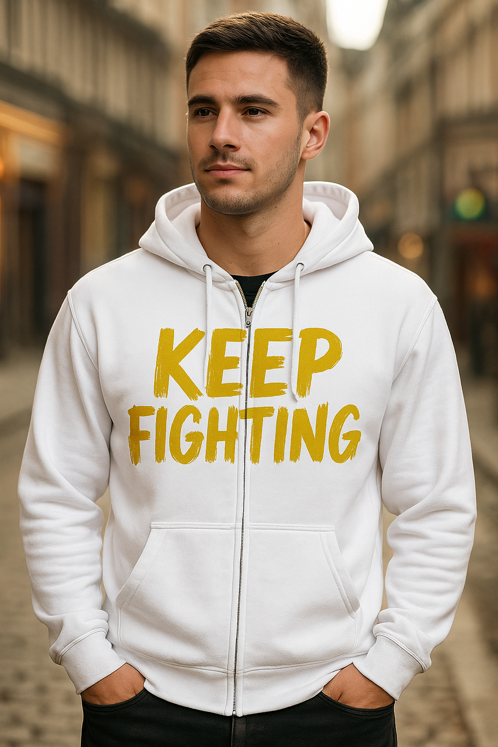 Keep Fighting Zip Up Unisex Cotton Hoodie