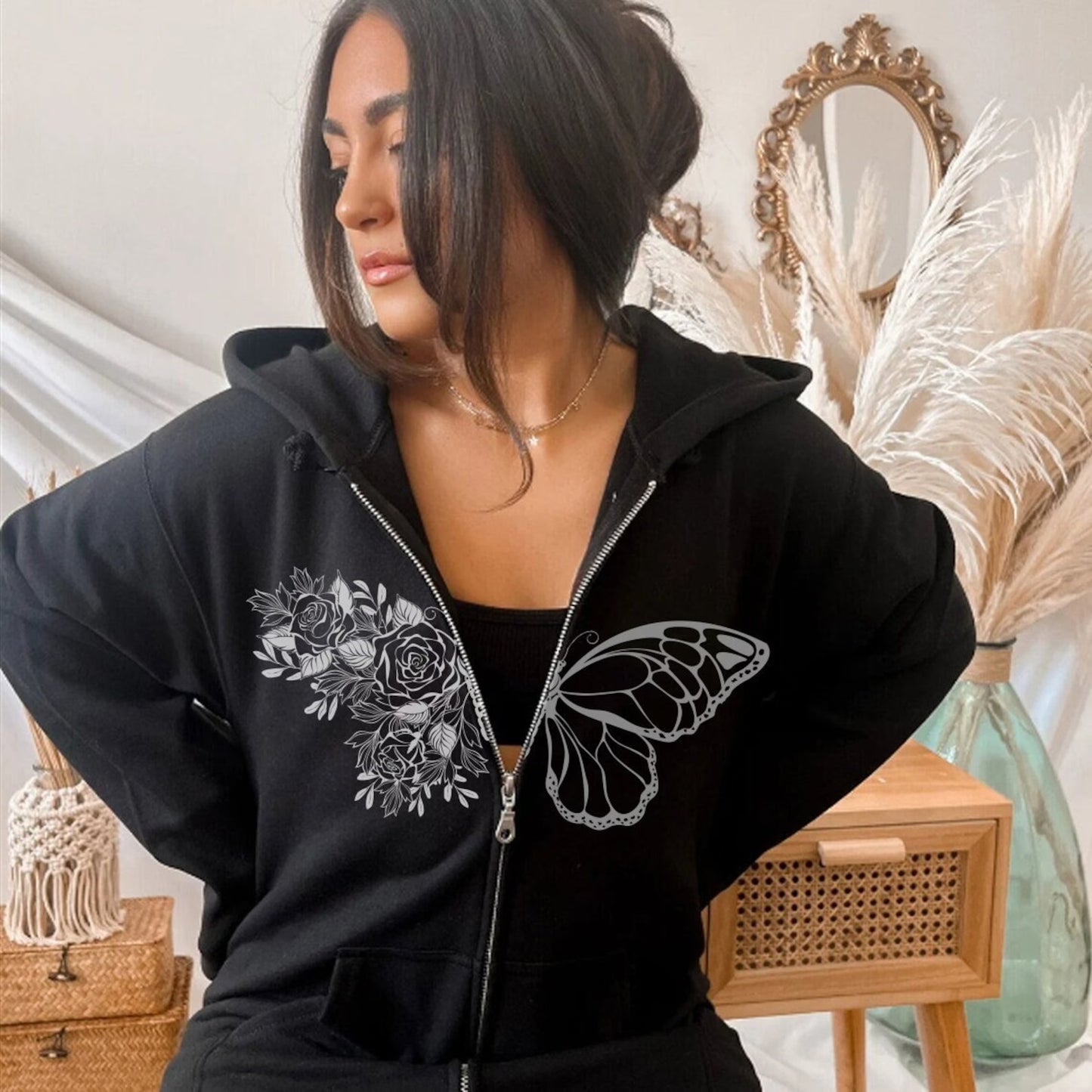 Floral Butterfly Zip Hoodie